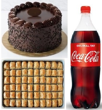 Bol Malzemeli Çikolatalı Pasta Baklava ve Soğuk İçecek Paketi